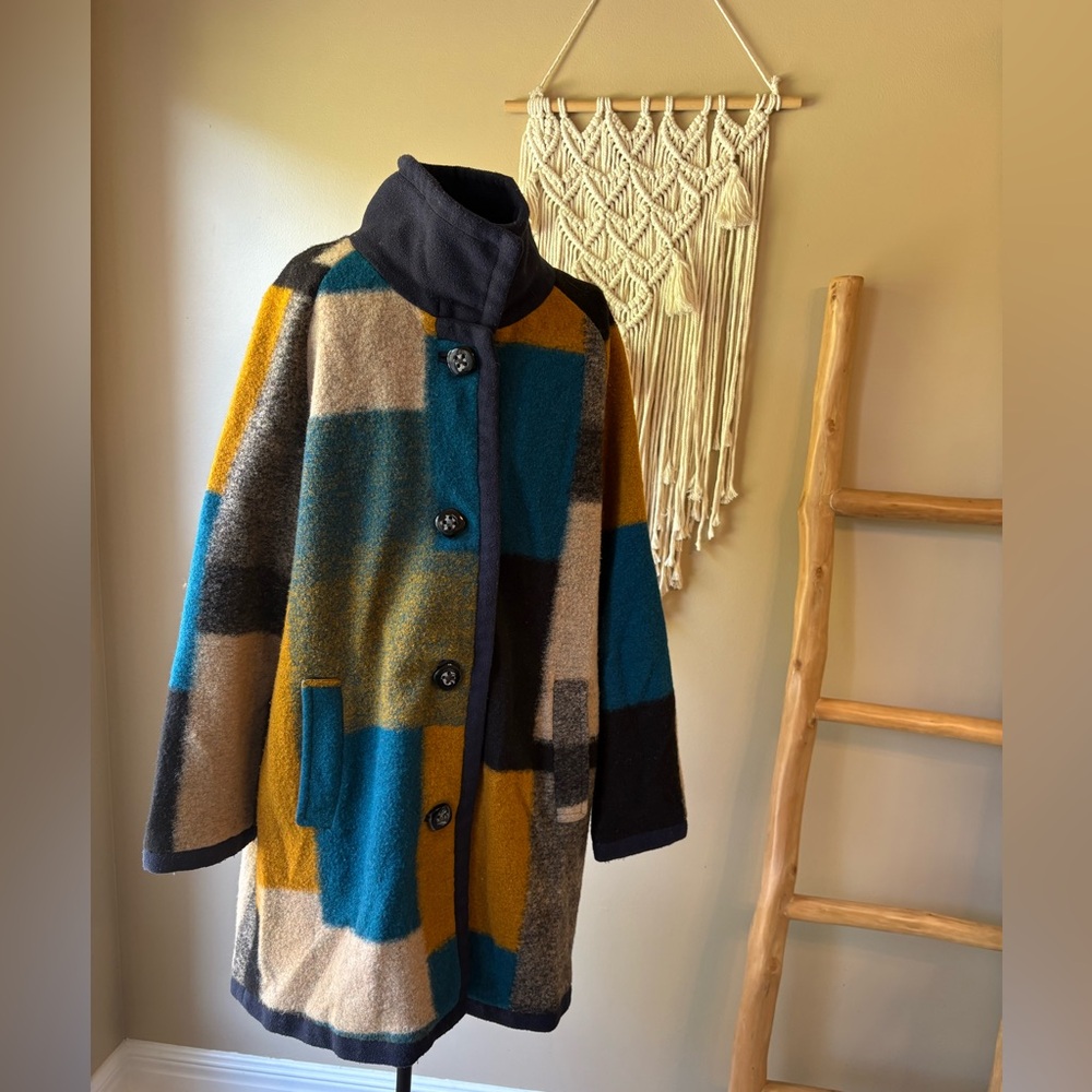 Vintage Inspired Eclectic Multicolor Wool Patchwork Oversized Pea Coat